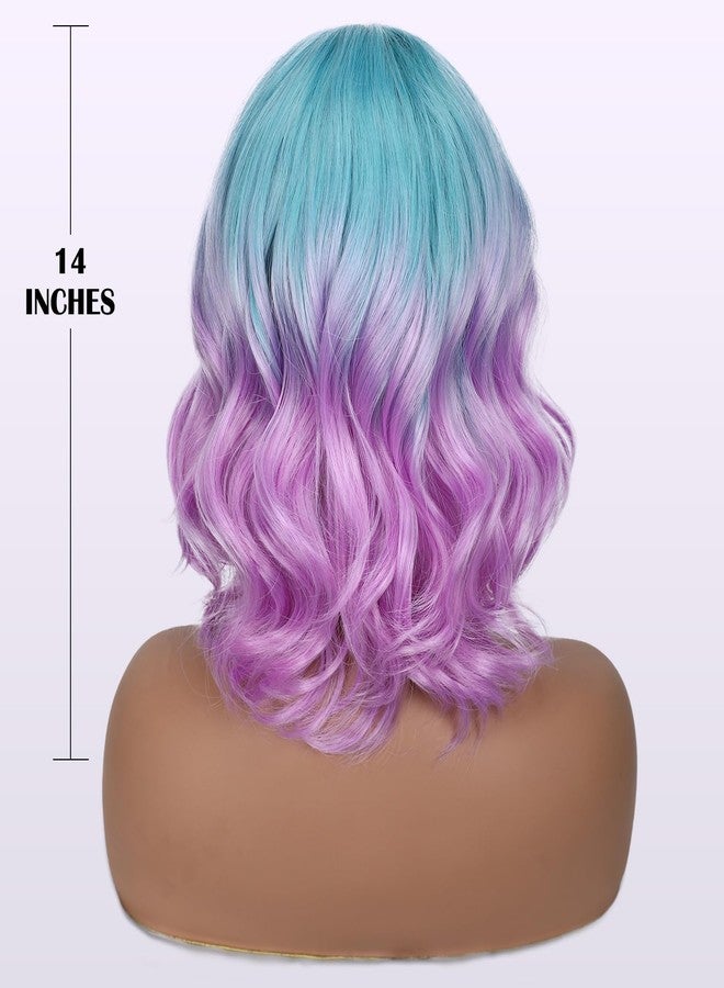 FAVE Blue to Purple Wig Short Purples Wig with Bangs Wavy Wigs for Women Ombre Purple Synthetic Hair Lavender Wigs (Purple/Blue) - Image 4